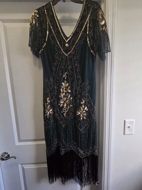 BABEYOND Green Gold Sequin Fringe 1920s Gatsby Flapper Dress XL